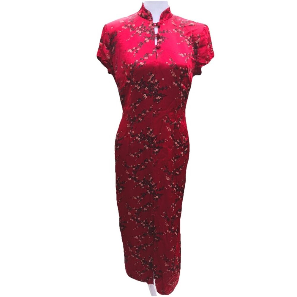 VTG 80s 90s Women’s Red Satin Form Fit Dress Geisha Asian Cherry Blossom 9 M